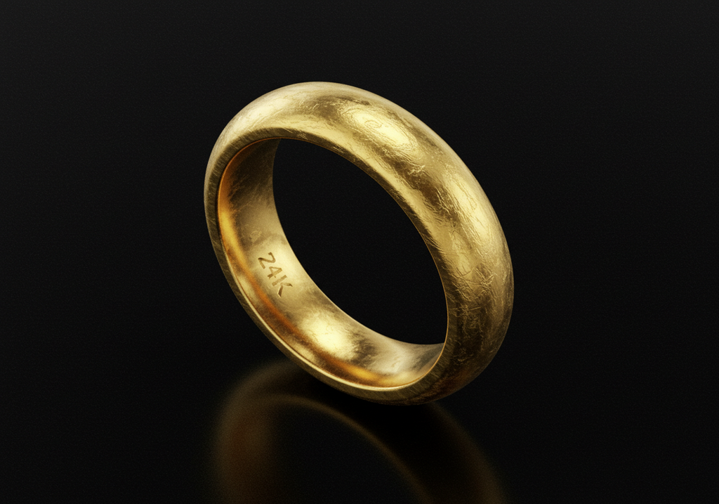 A plain, polished 24K gold ring with a smooth, rounded surface, shown against a black background. The inside of the band is engraved with 24K.