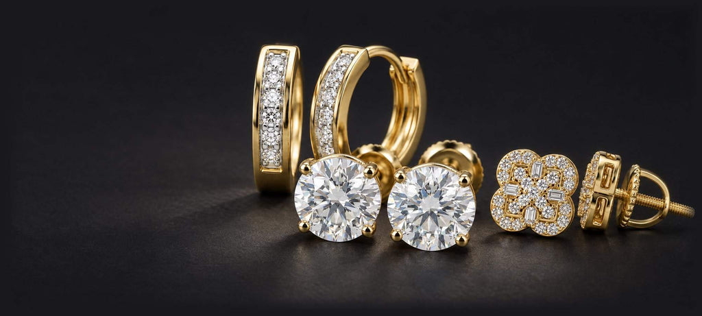 Goldzenn luxury diamond stud earrings collection featuring 10k and 14k yellow gold square cluster, baguette, and round halo designs for men and women.