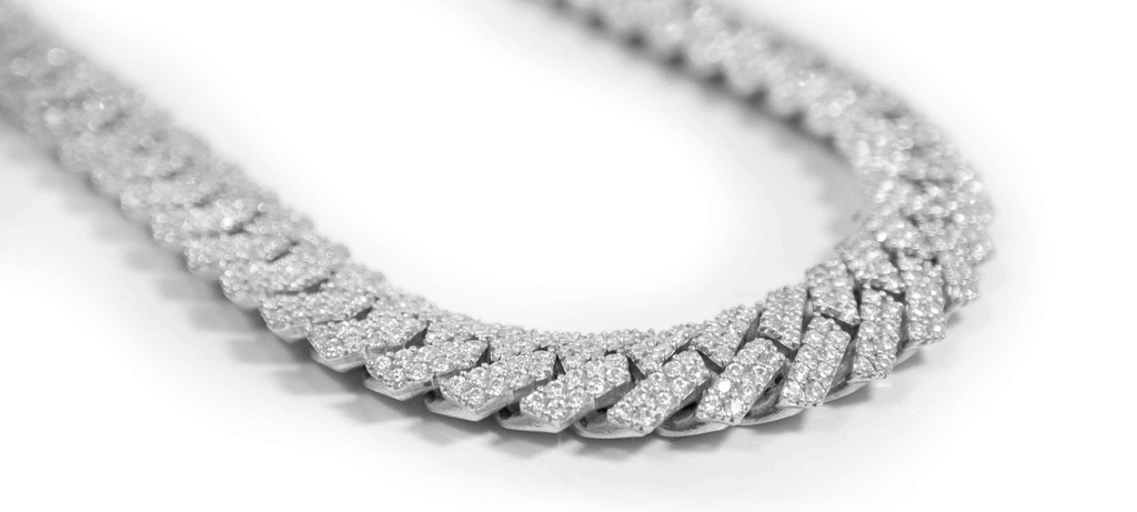 alt="Iced-Out Cuban Link Chain in 925 Silver with Cubic Zirconia"