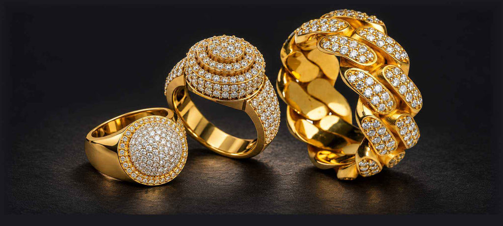 alt="Men's iced out diamond ring in yellow gold"