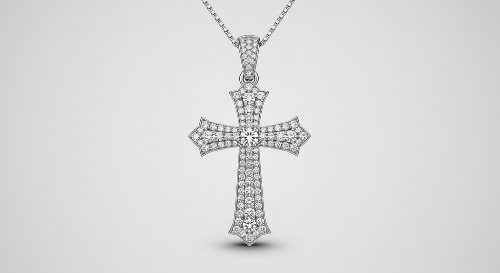 Alt="Luxury diamond pendant collection featuring a diamond cross pendant. Ethically sourced diamonds in gold."