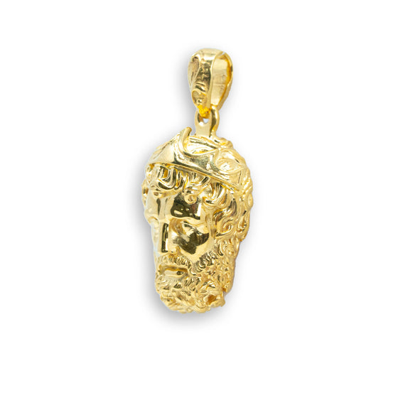 Greek Poseidon Face Pendant - 14k Gold| GOLDZENN- Side view detail of the pendant.