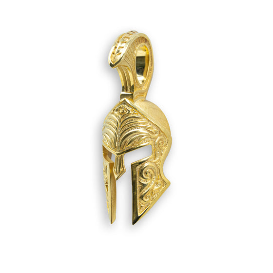 Spartan Helmet Pendant - 14k Solid Gold| GOLDZENN- Side view detail of the pendant.