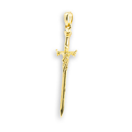 Sword Pendant - 14k Solid Gold| GOLDZENN- Side view detail of the pendant.