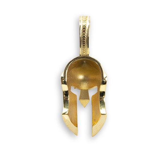 14k Gold Spartan Helmet with Moissanite Men's Pendant - GOLDZENN- Showing the back detail of the pendant.