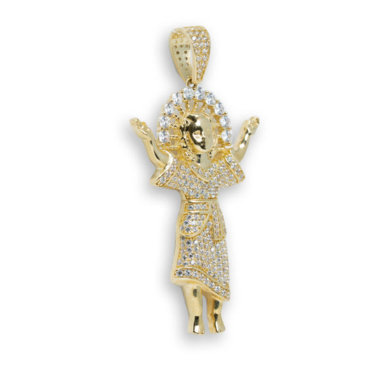 Divino Nino Baby Jesus CZ Pendant - 10k Gold| GOLDZENN- Showing the side view detail of the pendant.