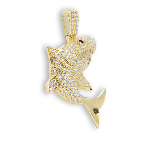 White Shark with CZ Necklace Pendant - 14k Gold| GOLDZENN- Side view detail of the pendant.