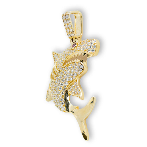 White Shark with CZ Necklace Pendant - 14k Gold| GOLDZENN- Showing the other side view detail of the pendant.