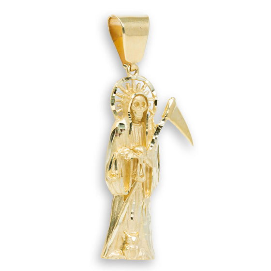 Santa Muerte Gold Pendant - 14k| GOLDZENN- Showing the side view detail of the pendant.