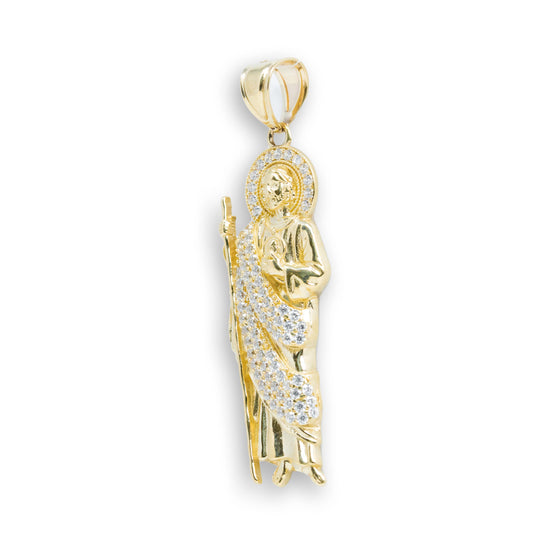 Saint Jude with CZ - 14k Gold Pendant| GOLDZENN- Showing the other side view detail of the pendant.