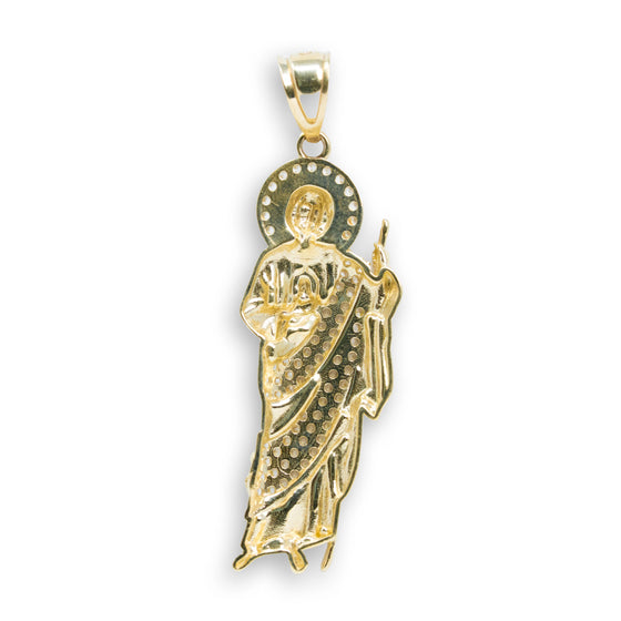 Saint Jude with CZ - 14k Gold Pendant| GOLDZENN- Showing the back detail of the pendant.