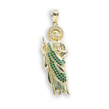  Saint Jude in Green CZ Pendant- 14k Gold| GOLDZENN- Full detail of the pendant.