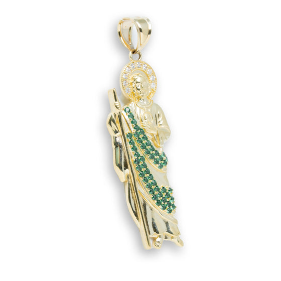 Saint Jude in Green CZ Pendant- 14k Gold| GOLDZENN- Side view detail of the pendant.