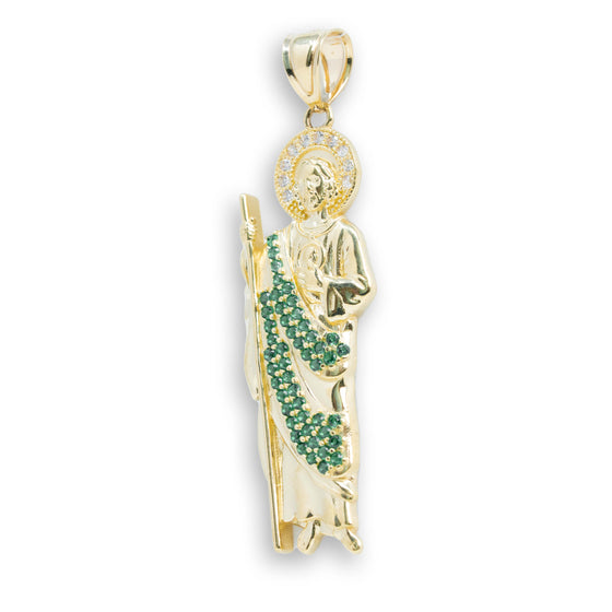 Saint Jude in Green CZ Pendant- 14k Gold| GOLDZENN- Showing the other side view detail of the pendant.