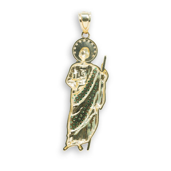 Saint Jude in Green CZ Pendant- 14k Gold| GOLDZENN- Showing the back detail of the pendant.
