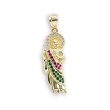  St. Jude in Red & Green CZ Pendant- 14k Gold| GOLDZENN- Full detail of the pendant.