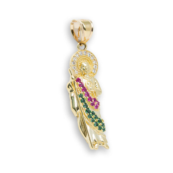 St. Jude in Red & Green CZ Pendant- 14k Gold| GOLDZENN- Side view detail of the pendant.