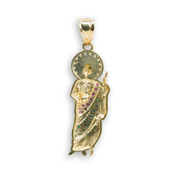 St. Jude in Red & Green CZ Pendant- 14k Gold| GOLDZENN- Showing the back detail of the pendant.