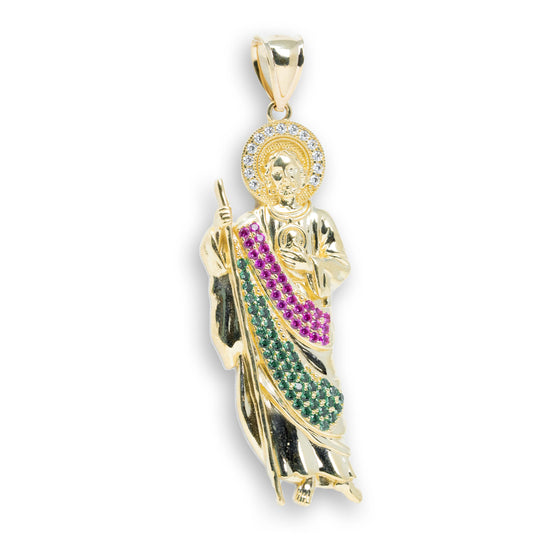 St. Jude in Red & Green CZ Pendant- 14k Gold