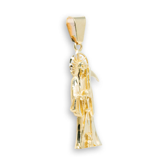 Santa Muerte/ Grim Reaper Men's Pendant - 14k Gold| GOLDZENN- Showing the side view detail of the pendant.
