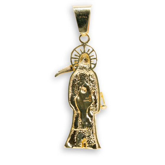 Santa Muerte/ Grim Reaper Men's Pendant - 14k Gold| GOLDZENN- Showing the back detail of the pendant.