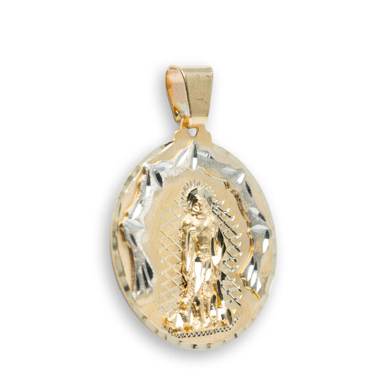 Saint Lazarus Circular Pendant - 14k Solid Gold| GOLDZENN- Side view detail of the pendant.