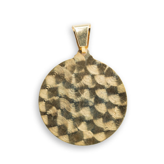 Saint Lazarus Circular Pendant - 14k Solid Gold| GOLDZENN- Showing the back detail of the pendant.