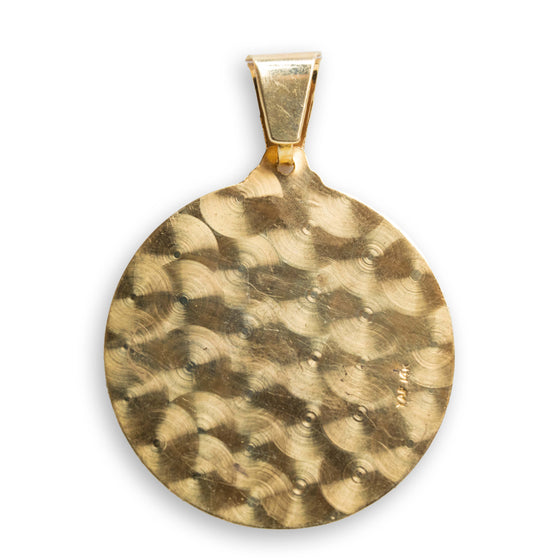 Saint Barbara Circular Pendant - 14k Solid Gold| GOLDZENN- Showing the back detail of the pendant.