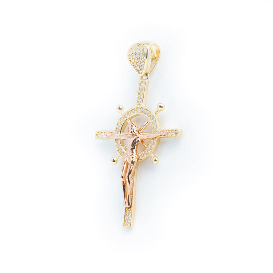 Crucifix Cross Pendant - 14k Gold| GOLDZENN- Showing the side view detail of the pendant.