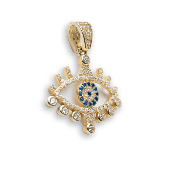 Eye with CZ Pendant - 14k Gold| GOLDZENN-Showing the side view detail of the pendant.