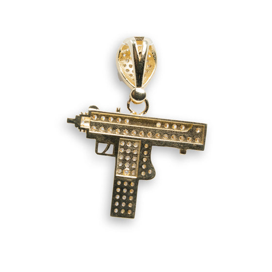 Mini UZI with CZ Pendant - 14k Gold| GOLDZENN- Showing the back detail of the pendant.