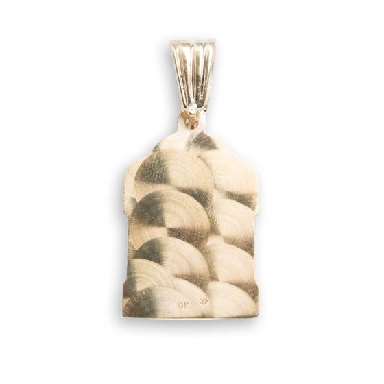 St. Barbara Gold Pendant - 10k Solid Gold| GOLDZENN- Showing the back detail of the pendant.