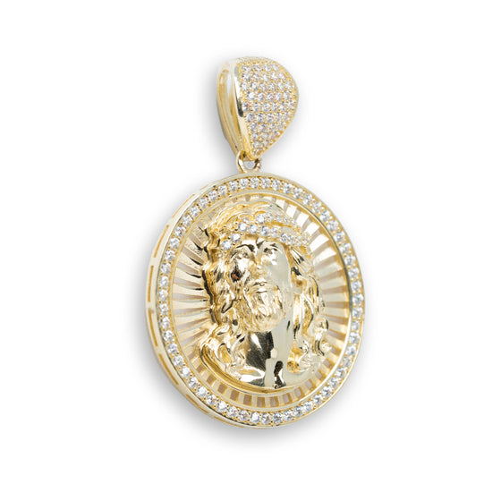 Circular Jesus Christ Pendant - 10k Gold| GOLDZENN- Showing the pendant's side view detail.