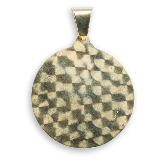 Saint Barbara Round Ornamental Pendant - 10k Solid Gold| GOLDZENN- Showing the back detail of the pendant.