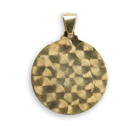 Caridad del Cobre 10k Gold Pendant - GOLDZENN| Showing the back detail of the pendant.