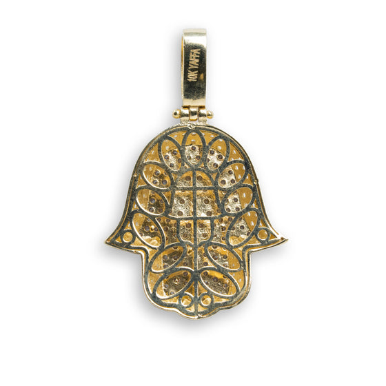 Hamsa Hand 3D Pendant - 10k Gold| GOLDZENN- Showing the back detail of the pendant. 