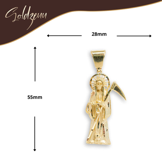 Santa Muerte Gold Pendant - 14k| GOLDZENN- Showing the pendant's dimension.