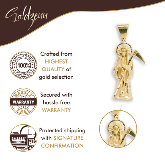 Santa Muerte Gold Pendant - 14k| GOLDZENN- Feature details of the pendant.