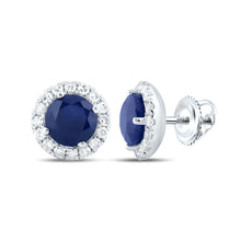  1-1/5CTW Round Blue Sapphire Diamond Halo Stud Earrings - 14K White Gold
