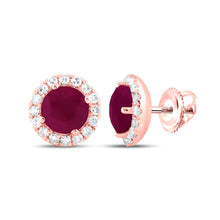  1-1/5CTW Round Ruby Halo and Diamond Solitaire Stud Earrings - 14K Rose Gold