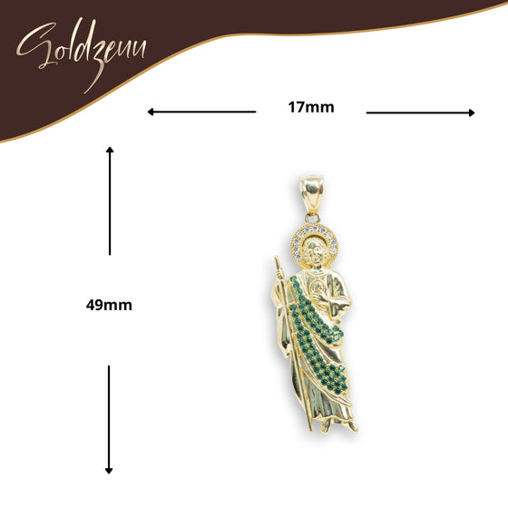 Saint Jude in Green CZ Pendant- 14k Gold| GOLDZENN- Showing the pendant's dimension.