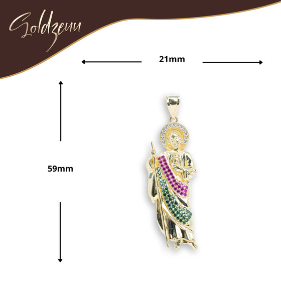 St. Jude in Red & Green CZ Pendant- 14k Gold| GOLDZENN- Showing the pendant's dimension.