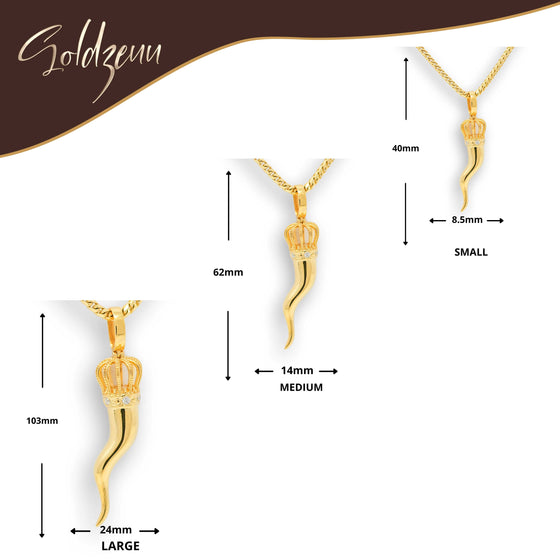 Italian Horn Pendant- GOLDZENN- Showing the sizes variations of the pendant.