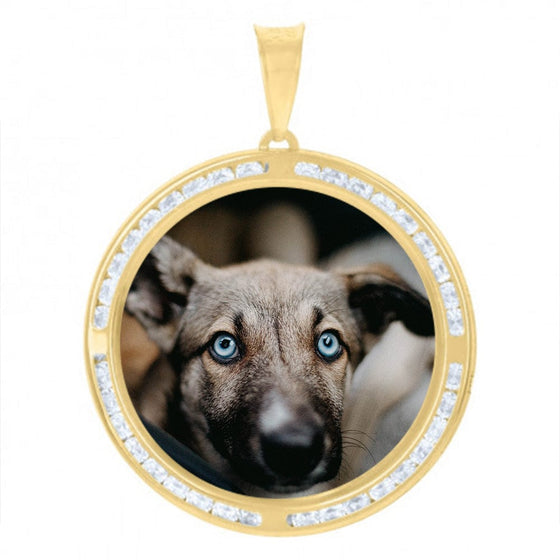 Men's Picture Frame Pendant in 10k Solid Gold | GOLDZENN- Sample of a dog picture in the center.