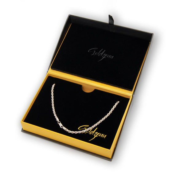 4mm 925 Silver Rope Chain | GOLDZENN Jewelry- In a box detail.