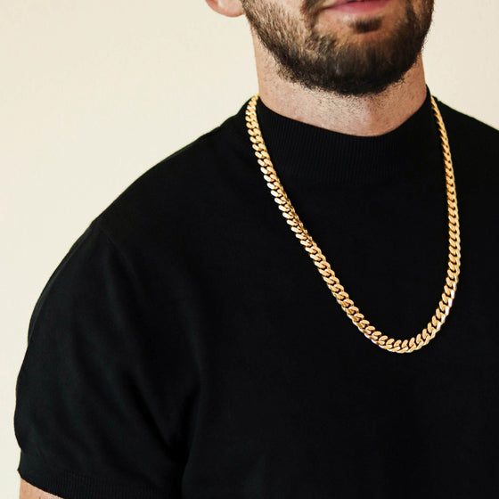 10 mm Cuban Link Chain -14k Gold Bonded| GOLDZENN Jewelry - Closer View With A Model Wearing
