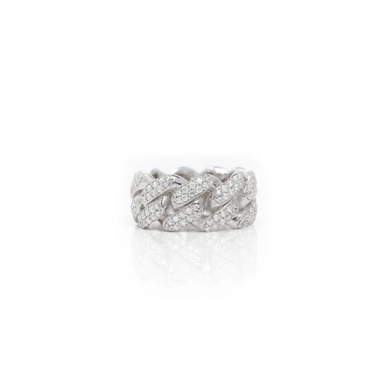 Iced Cuban Link Ring in Solid Gold 14k - 10mm | GOLDZENN Jewelry- Iced cuban link ring in white gold view