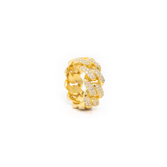 Iced Cuban Link Ring in Solid Gold 14k - 10mm | GOLDZENN Jewelry- Iced cuban link ring in yellow gold side view