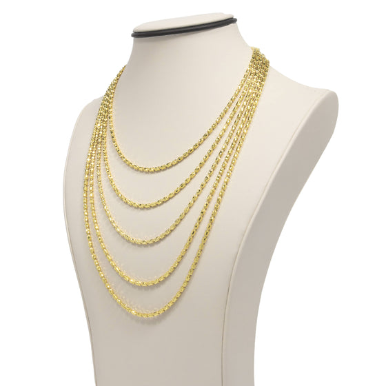 Barrel Link Crystal Chain - 3mm - 14k Gold Bonded| GOLDZENN-Other side view detail of the chain in 5 length variations.