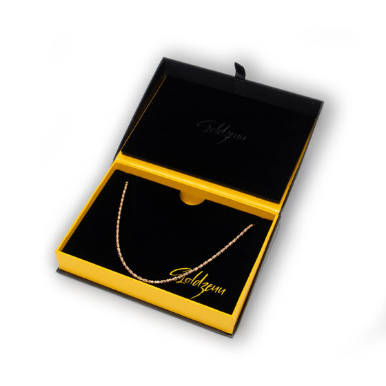Barrel Link Gold Crystal Chain - 3mm - 14k Rose Gold Bonded| GOLDZENN- In a box view of the chain.
